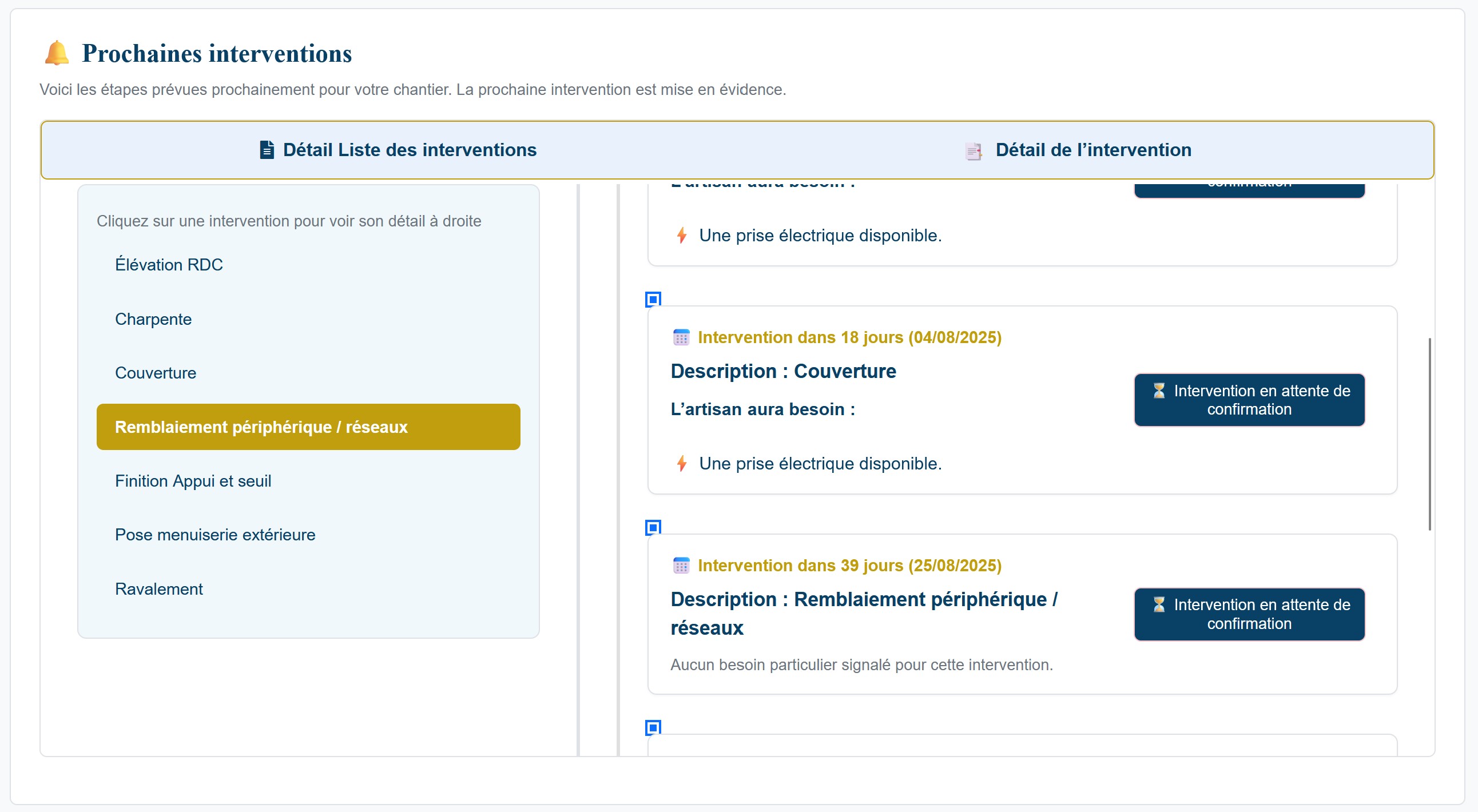 Planning détaillé des interventions artisan